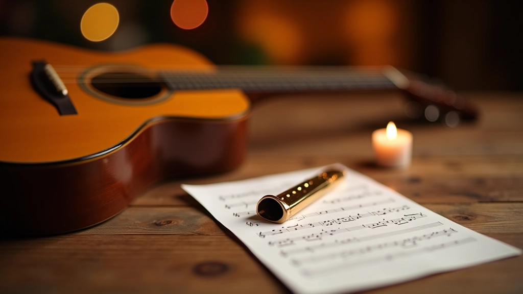 Acoustic guitar and tin whistle on wooden surface with sheet music and Irish traditional music notation visible