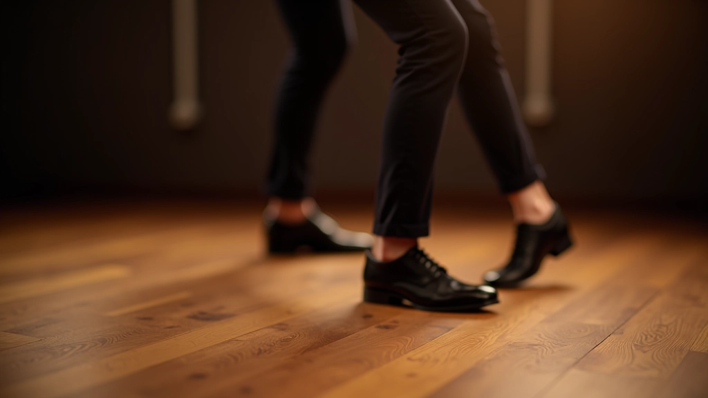 Close-up of dancers' feet in traditional Irish shoes performing céilí dance steps on wooden floor