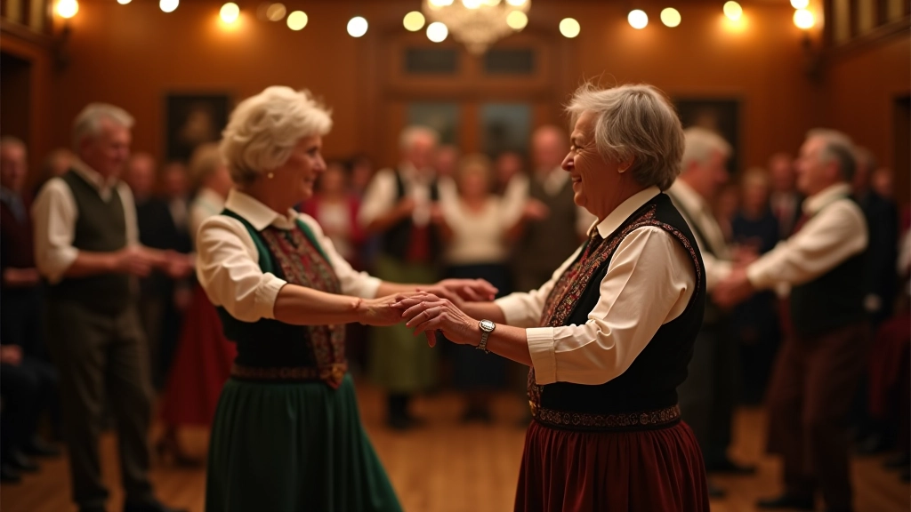 Dancers in traditional Irish dress performing céilí dance formation in community hall