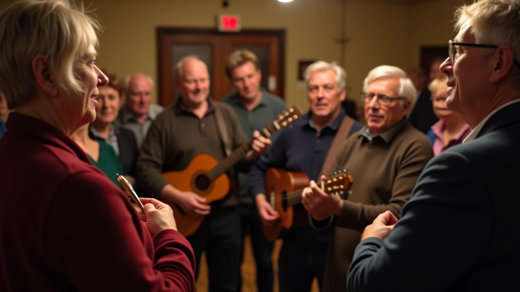 Mixed-age group of people aged 40-70 standing in circle at community hall singing with acoustic guitars and sheet music