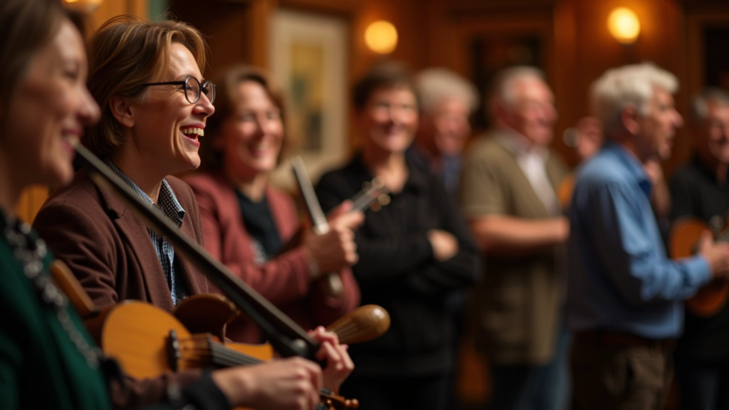 Adults enjoying traditional Irish music together at a folk jam session