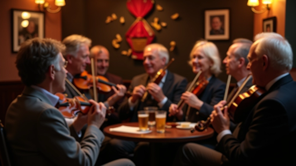 Group of musicians of various ages playing traditional instruments together in warm pub setting