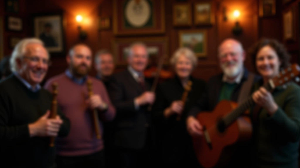 Group of traditional musicians gathered in a pub, playing tin whistles and bodhráns