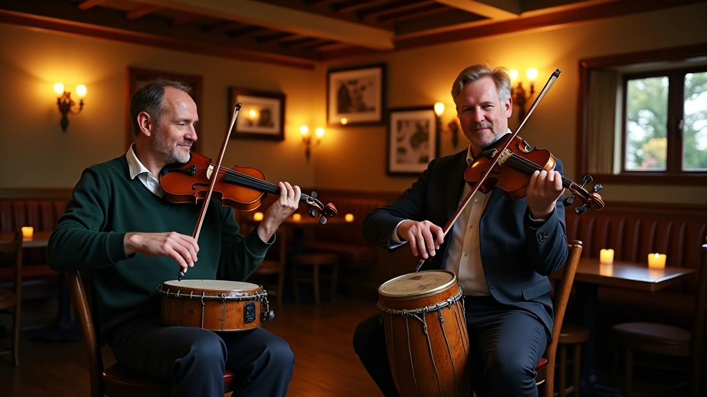 Group of musicians playing traditional Irish instruments in a warm pub setting with wooden beams