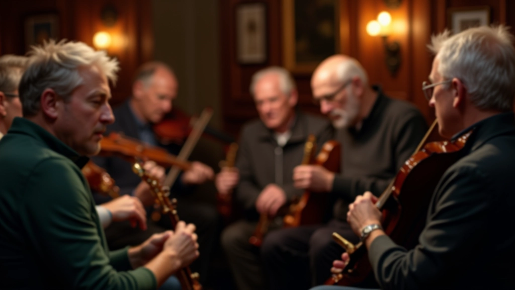Musicians sitting in a circle, listening and playing together in a folk session
