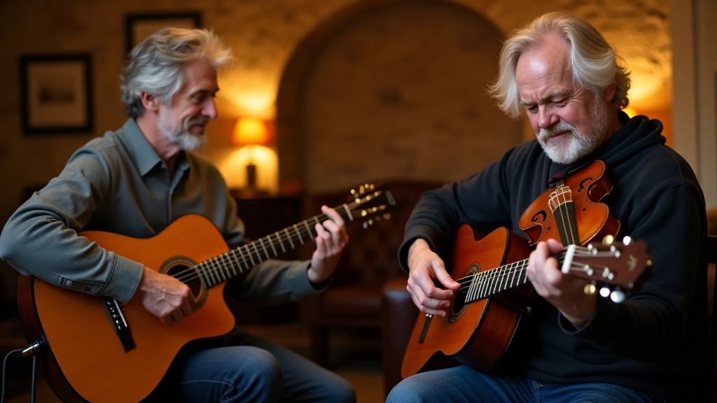 Musicians aged 40-70 playing traditional instruments at a folk jam session