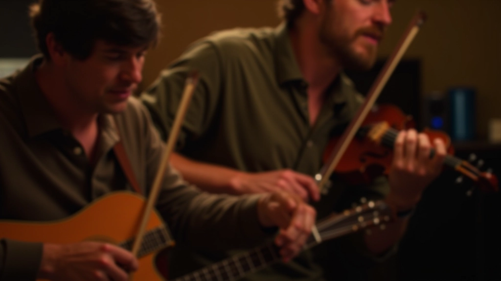 Close-up of musicians' hands on acoustic guitar and fiddle during a folk session