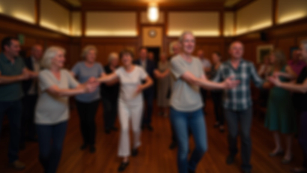 People aged 50-70 dancing in a céilí line formation, smiling and engaged with each other