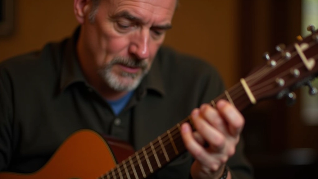Person checking their guitar and tuner before a folk jam session