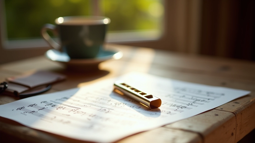 Sheet music and tin whistle on wooden table with cup of tea suggesting practice session