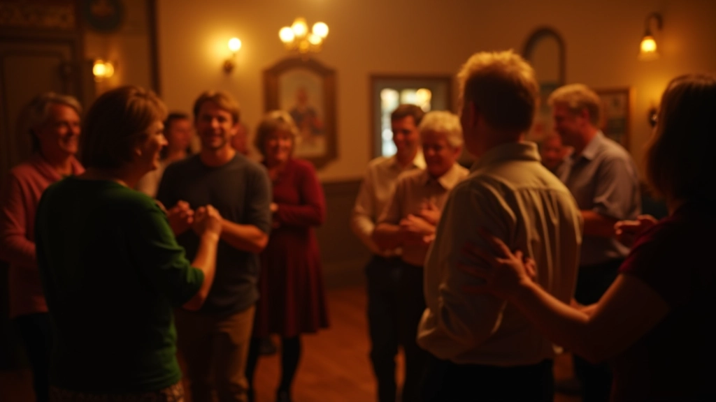 Céilí dance gathering with participants enjoying traditional music and dance together