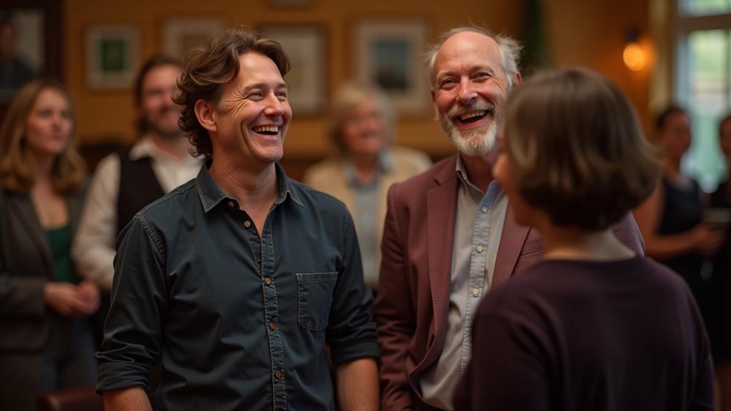 Group of people aged 40-65 in casual dress standing in a céilí formation circle, smiling and ready to dance