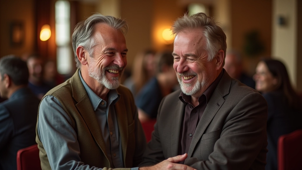 Happy group of dancers aged 40-65 celebrating and laughing together after a céilí dance session