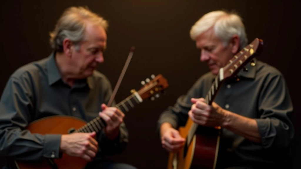 Younger musician learning from experienced folk player during a jam session