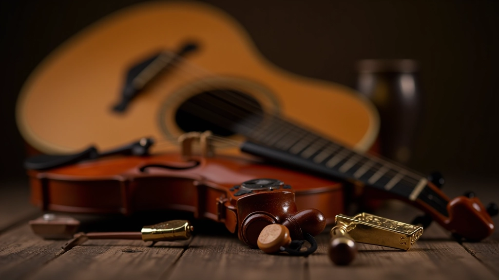 Variety of acoustic instruments including guitar, fiddle, tin whistle, and bodhrán arranged together