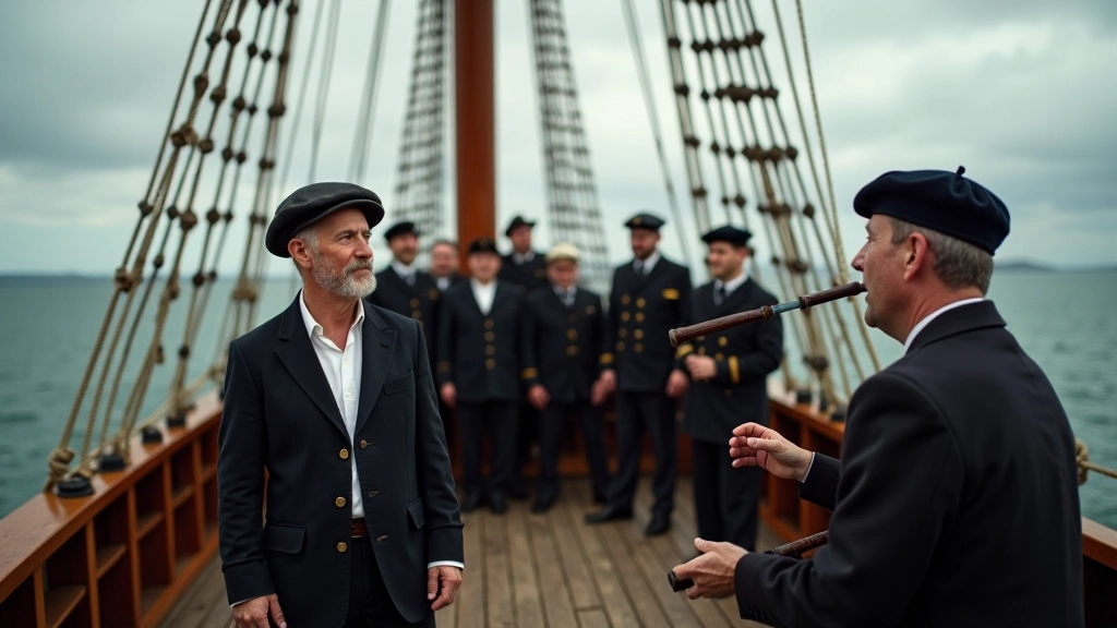 Vintage maritime scene showing sailors on a ship deck with nautical ropes and wooden sailing vessel in stormy seas