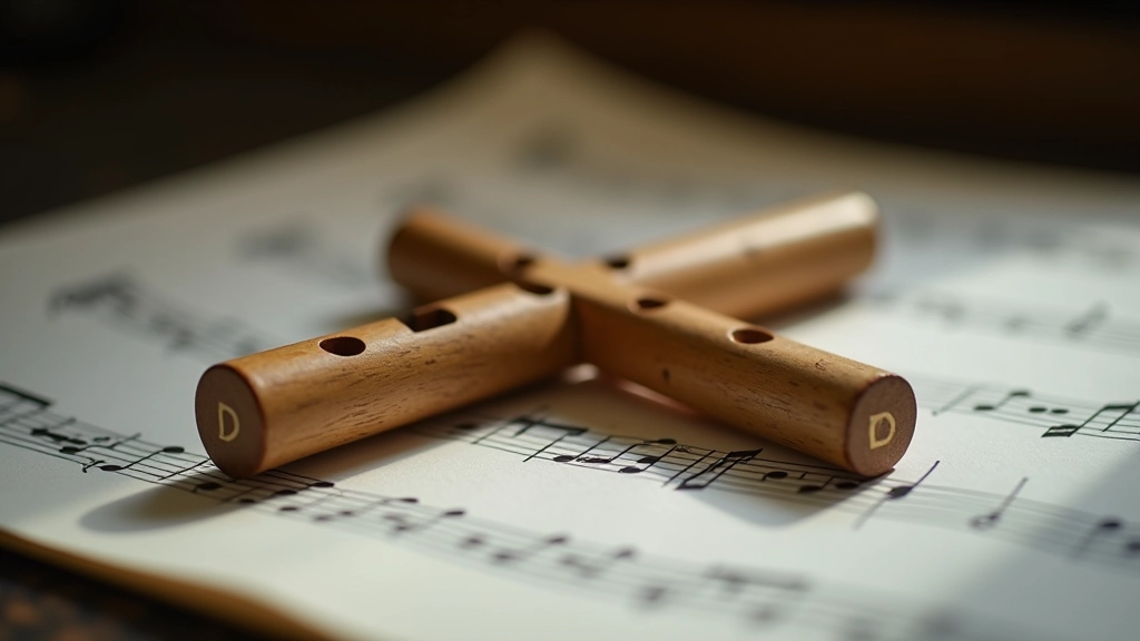 Wooden tin whistle resting on sheet music in natural lighting